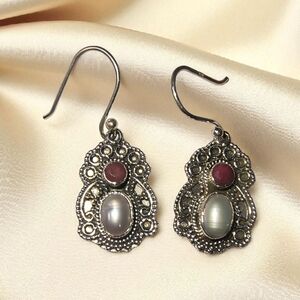Artisan Ruby, Pearl And Sterling Silver Bali Design Dangle Earrings